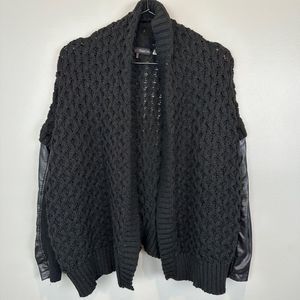 Dex Chunky Knit Black Cardigan Sweater Womens XS Faux Leather Sleeve